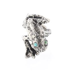Vintage Hammered Silver Frog & Turquoise Ring