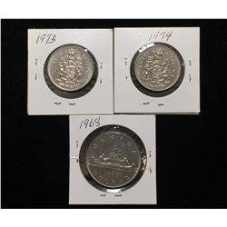 1973, 1974 Half Dollars & 1968 Dollar Candian Coins
