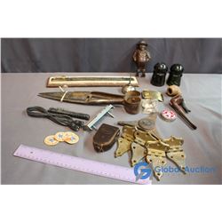 Box Full Of Vintage Misc. (Sheep Shears, Insulator, Belt Buckles, Pipes, Pins, Etc)