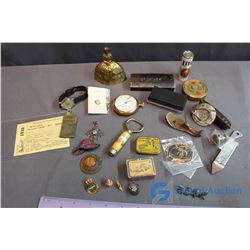 Lot Of Vintage Misc. (Pins, Tins, Razors, Bells, Pocket Watch, RCAF, And Boyscout,Etc)
