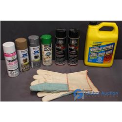 Lot of Rust-oleum and Tremclad Rust Paint, Unused Work Gloves, Premixed Universal Antifreeze
