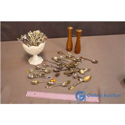Large Lot of Collector Spoons, Wooden Salt & Pepper Shaker