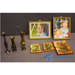 Lot of Brass Decor (3), Silent Prayer & Sunday joy Framed Prints & Owl Decor