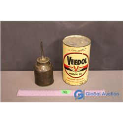 Unopened Veedol Motor Oil & International Havester Tin Oiler