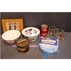 Lot of Misc Household (Foldable Hamper, Bowls, Framed Wall Print, Dog n Suds Mugs)