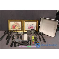 Large Lot of Plastic Kitchen Utensils, Enamelware Drawer, (2) Framed Floral Prints (Jenkins)