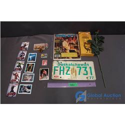 Lot of Assorted Collector Cards, SK License Plate, Song Hits Magazine, Farmers Almanac Soap