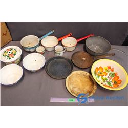 Lot of Assorted Enamelware Items - Bowls, Pots, Cups, etc