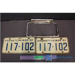 Pair of 1961 SK License Plates & Drive Safely License Plate Topper