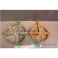 (2) Vintage Metal Single Pulleys - 10.5", 9"