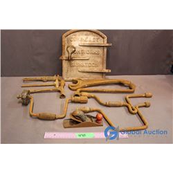 Lot of Antique Hand Tools & Stove Door (Stamped John East Ironworks Saskatoon)