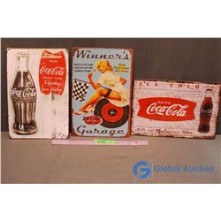 Reproduction Tin Signs - (2) Coca Cola, Winner's Garage