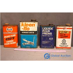 (4) Vintage Tins w/Contents (Oil Treatment, Jack Oil, Brake Fluid)