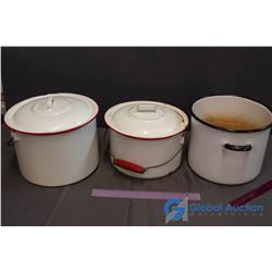 3 Enamelware Pots, 1 lid fits correctly, other lid is extra.