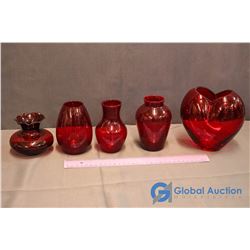 5 Pieces Ruby Red Glassware
