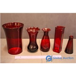 4 Ruby Red Vases & 1 Ruby Red Candle Shade