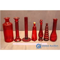 7 Assorted Ruby Red Glassware Pieces, Vases, etc