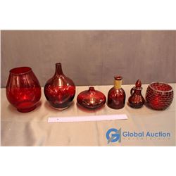 6 Assorted Ruby Red Glassware Pieces