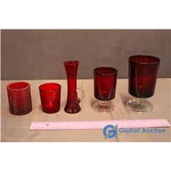5 Assorted Ruby Red Glassware Pieces