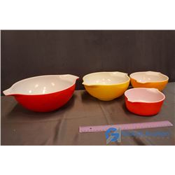 Set of 4 Vintage Pyrex Bowls (Red, Yellow & Orange Nesting Set, 1 extra small red bowl non matching 