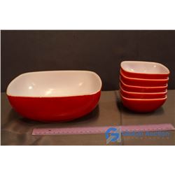 Vintage Red Square Pyrex Serving Bowl w/ 5 Square Dessert Bowls