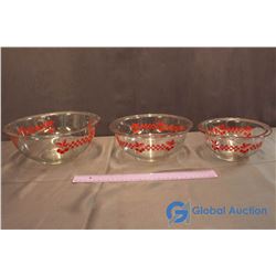 Set of 3 Clear Pyrex Bowls Cherry & Checkered Pattern