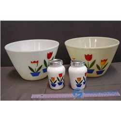 4 Pieces of Fire King Dishware - 2 Deep Bowls & Set of Salt & Pepper Shakers