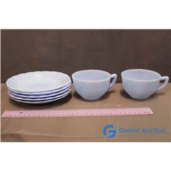 Blue Pyrex Cups & Saucers (2 Cups, 5 Saucers)