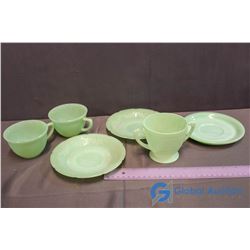 Green Fire King Cup & Saucer Set of 3 Each