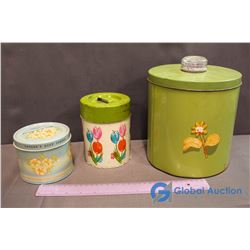 2 Kitchen Canisters and Landers Body Powder Tin