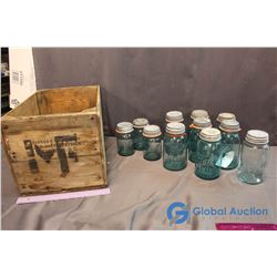 Wooden Crate full of Vintage Blue Glass Canning Jars (1 Mason & 10 Ball)