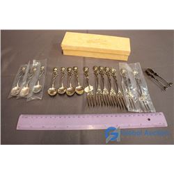 Set of 7 Silver Forks & Spoons & Tiny Tongs