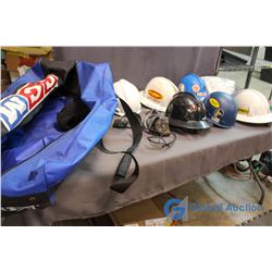 CCM Hockey Bag with Hard Hats (6), Like New Face Shield/Respirator, Safety Glasses & Slip on Boot Gr
