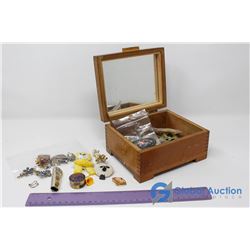 Lot of Broaches, Hair Pins, & Misc. W/ Wooden Jewlery Box