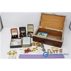 Lot of Flower Themed Jewlery With Latching Wooden Box