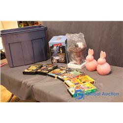 Rubbermaid Tote, NIB Outdoor Tabletop Firebowl; Decorative Bunnies & VHS Tapes (6)