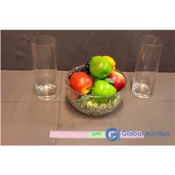 Crystal Bowl, Artificial Fruit & 2 Tall Round Vases