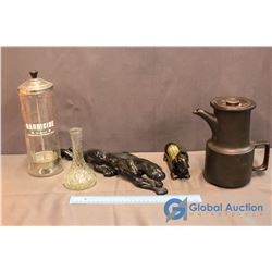 Barbicide Jar; Jaguar Decor; Wiener Dog Letter Holder, Vase & Pitcher