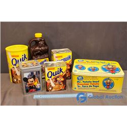 Assorted Nestle Tins, Nestle Plastic Chocolate Syrup Jug & Mr. Potato Head Tin