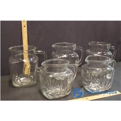 Lot of 5 Matching Glass Pitchers (2 Small, 3 Large)