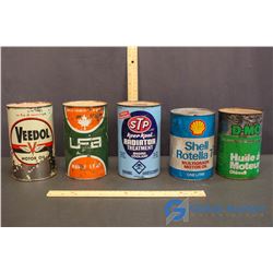 1 Quart (3), 1 Litre (2) Tins Full, Shell, Co-op, Maple Leaf, STP, Veedol