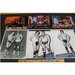 (3) Stampeding Wrestling Photos & (6) WWE Wrestling VHS Tapes