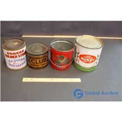 (4) Vintage Tins (Club Chewing Tobacco, Pure Canadian Honey, Rogers Syrup, Shamrock Pure Lard)