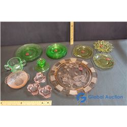 Lot of (17) Assorted Depression Glass (Pink, Green and Amber)