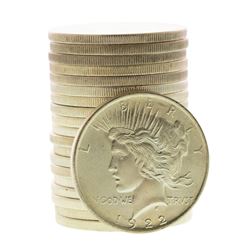 Roll of (20) Brilliant Uncirculated 1922 $1 Peace Silver Dollar Coins