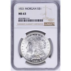 1921 $1 Morgan Silver Dollar Coin NGC MS63