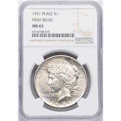 1921 High Relief $1 Peace Silver Dollar Coin NGC MS63