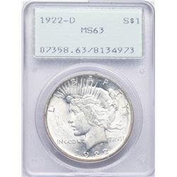 1922-D $1 Peace Silver Dollar Coin PCGS MS63