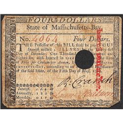 May 5, 1780 $4 Massachusetts Colonial Currency Note