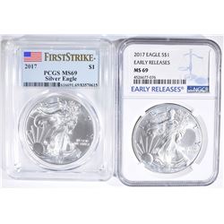 2-GRADED 2017 AMERICAN SILVER EAGLES